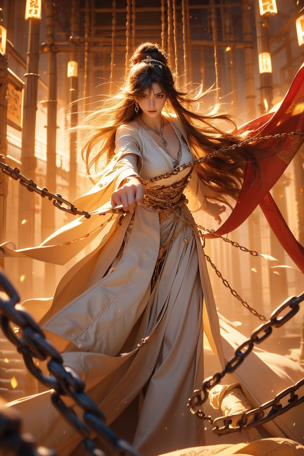 1 girl, messy hair, close-up, brown eyes, authentic, graceful dancing movements, loose white clothes, iron chains, floating chains, surrounded by iron chains, surrounded by golden runes, Daofa Rune,Flowing scroll,artist Sargent's colors, POV perspective, ultimate, elegant silk,Fashion Style,Random actions