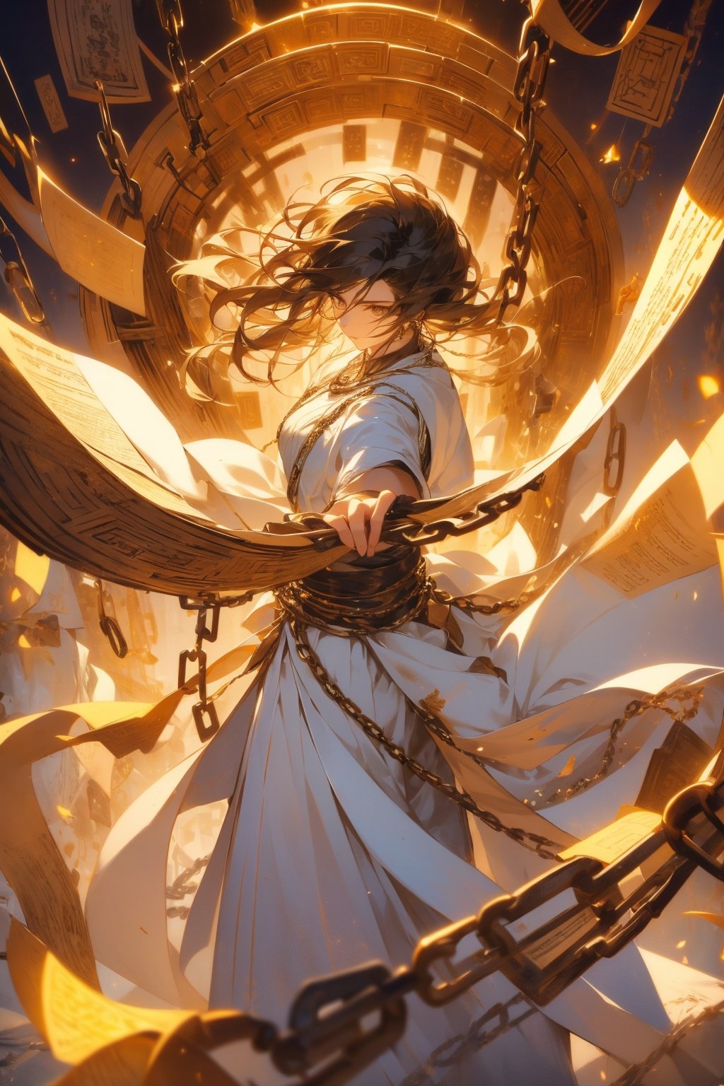 1 girl, messy hair, close-up, brown eyes, authentic, graceful dancing movements, loose white clothes, iron chains, floating chains, surrounded by iron chains, surrounded by golden runes, Daofa Rune,Flowing scroll,artist Sargent's colors, POV perspective, ultimate, elegant silk,Fashion Style,Random actions