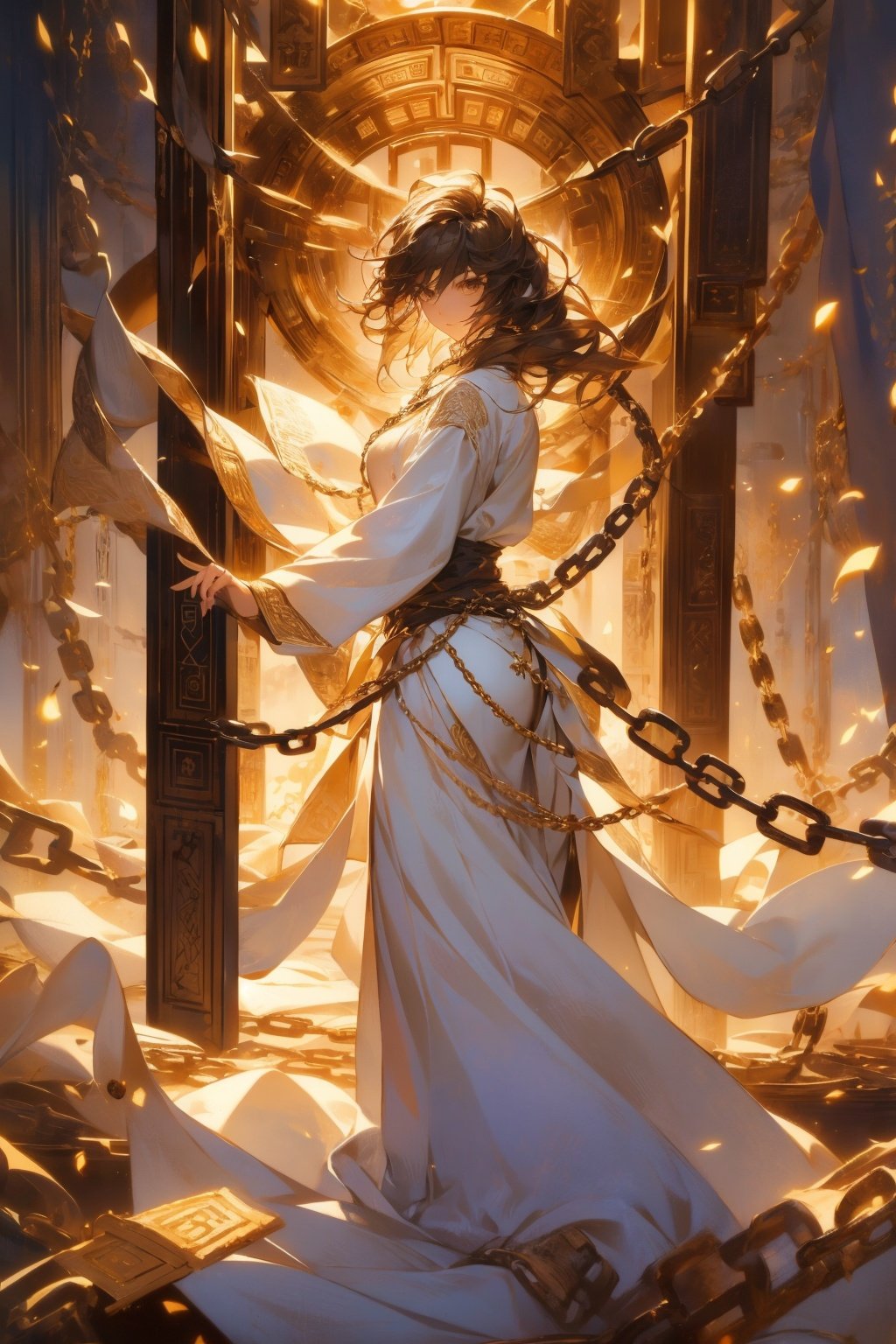 1 girl, messy hair, close-up, brown eyes, authentic, graceful dancing movements, loose white clothes, iron chains, floating chains, surrounded by iron chains, surrounded by golden runes, artist Sargent's colors, POV perspective, ultimate, elegant silk,Fashion Style