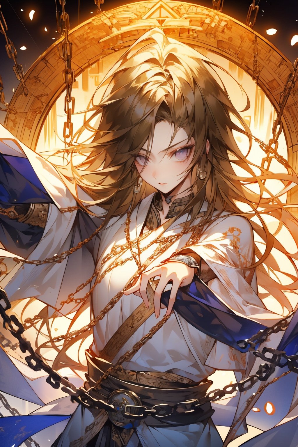 1 girl, detailed facial features, purple eyes, messy long hair, gestures forming spells, martial arts immortal halo, splashing runes, chains, iron chains, floating transparent Chinese characters, dynamic action style, POV perspective, game characters, rune wrapping, best quality, 3D rendering, extreme look up, 16K, ultra high definition, high resolution, very detailed, best quality, clear theme, ultra realistic and ultra detailed, rendering, high detail, Ultra High Quality