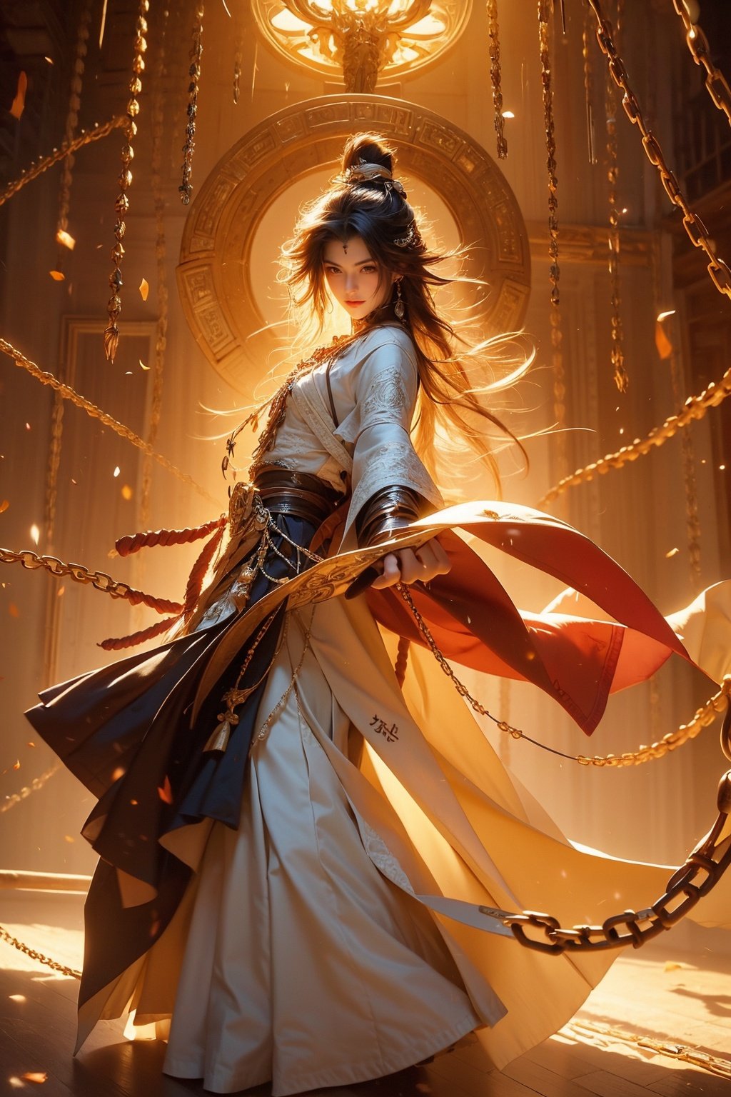 1 girl, messy hair, close-up, brown eyes, authentic, graceful dancing movements, loose white clothes, iron chains, floating chains, surrounded by iron chains, surrounded by golden runes, Daofa Rune,Flowing scroll,artist Sargent's colors, POV perspective, ultimate, elegant silk,Fashion Style,Random actions