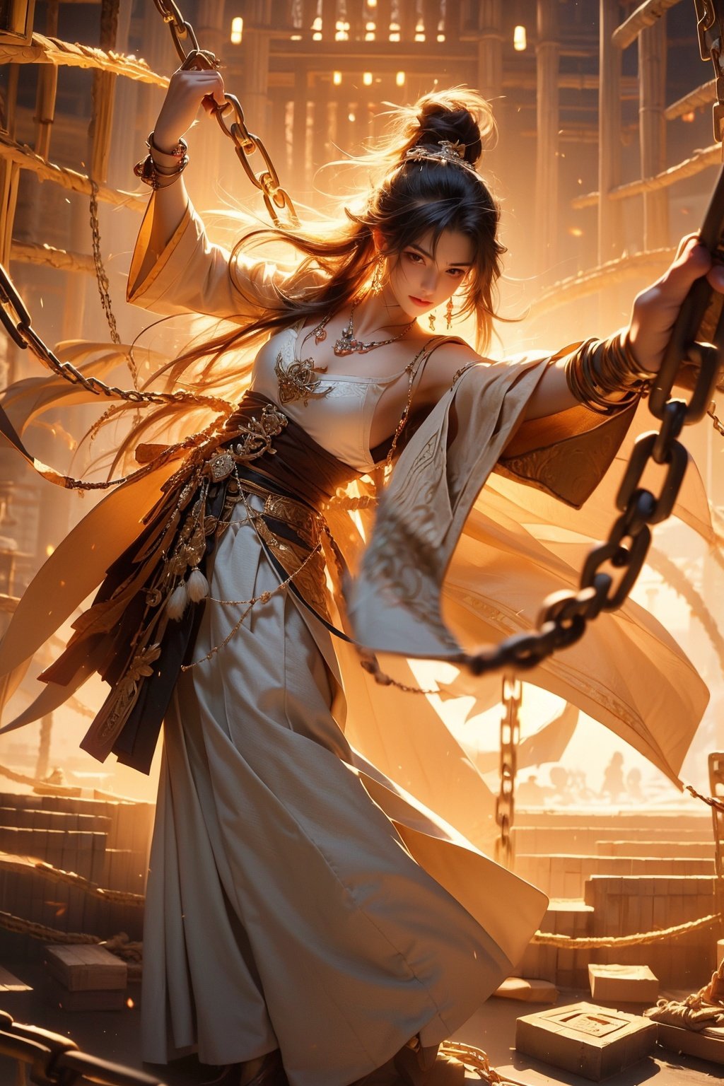 1 girl, messy hair, close-up, brown eyes, authentic, graceful dancing movements, loose white clothes, iron chains, floating chains, surrounded by iron chains, surrounded by golden runes, Daofa Rune,Flowing scroll,artist Sargent's colors, POV perspective, ultimate, elegant silk,Fashion Style,Random actions