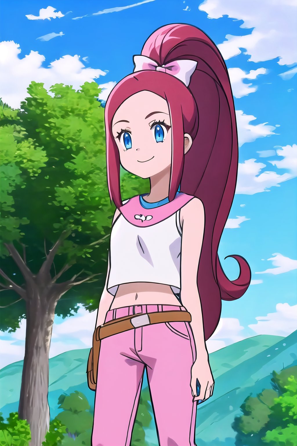 , 1girl, solo, long hair, smile, blue eyes, shirt, closed mouth, standing, white shirt, ponytail, red hair, outdoors, sky, sleeveless, day, midriff, belt, pants, cloud, tree, blue sky, crop top, sleeveless shirt, high ponytail, nature, pink pants, hair bow
