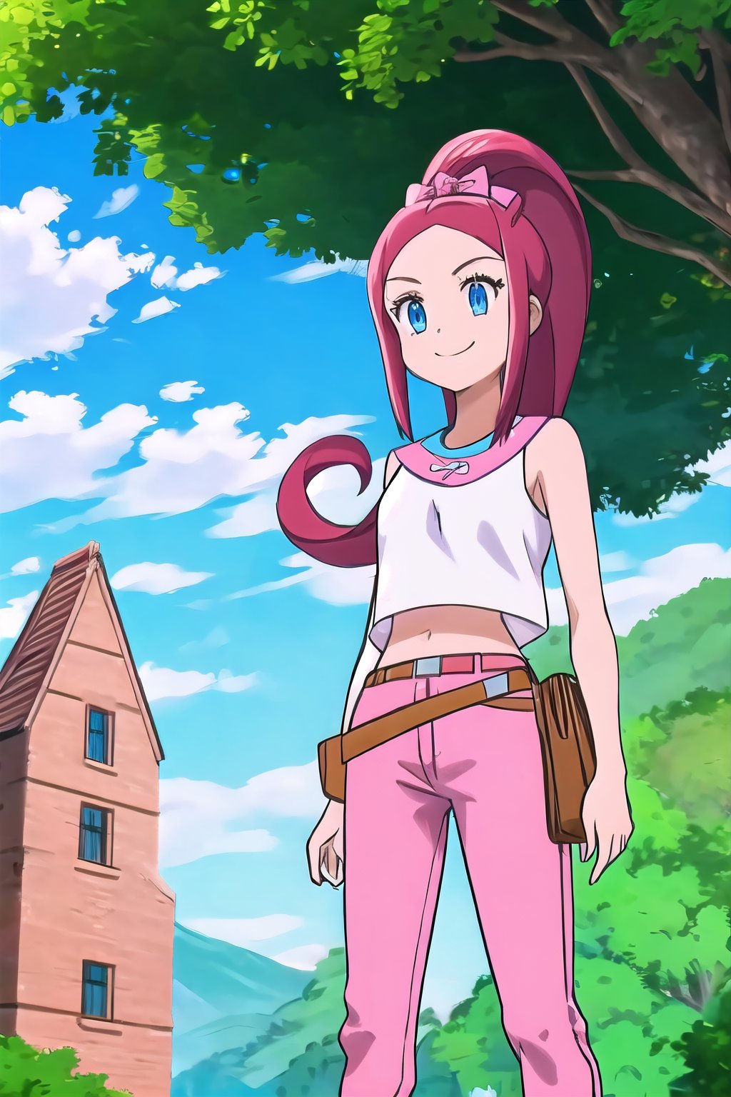 , 1girl, solo, long hair, smile, blue eyes, shirt, closed mouth, standing, white shirt, ponytail, red hair, outdoors, sky, sleeveless, day, midriff, belt, pants, cloud, tree, blue sky, crop top, sleeveless shirt, high ponytail, nature, pink pants, hair bow
