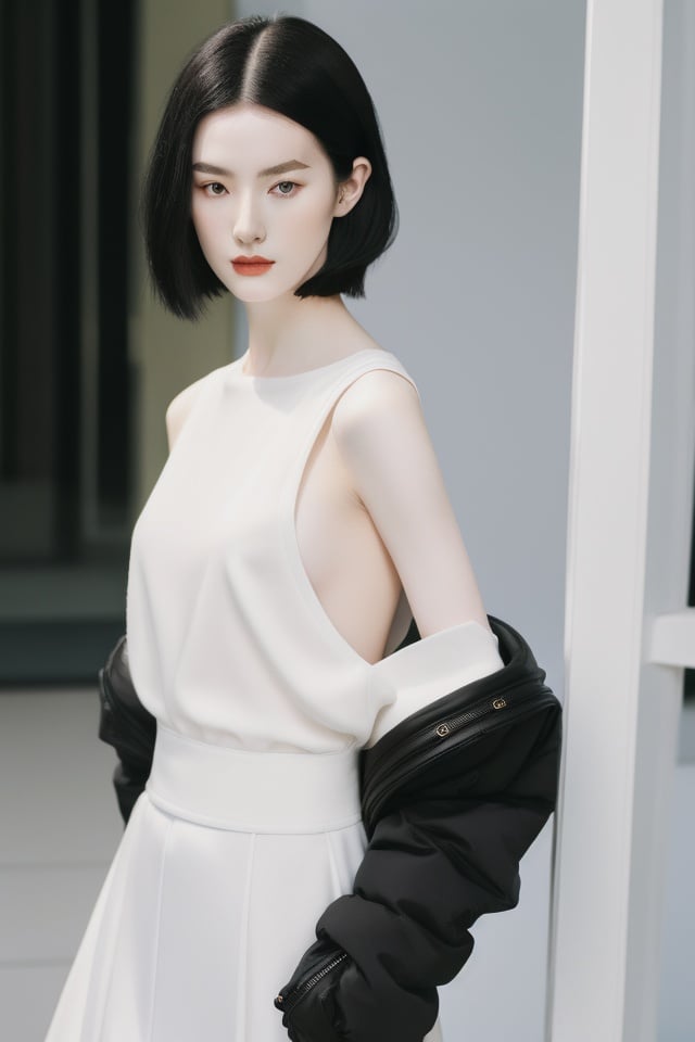 1girl,black_hair,Balenciaga model,looking at viewer,pale skin,blurry_background,realistic,solo,upper_body,<lora:古风仙仙:0.8>,