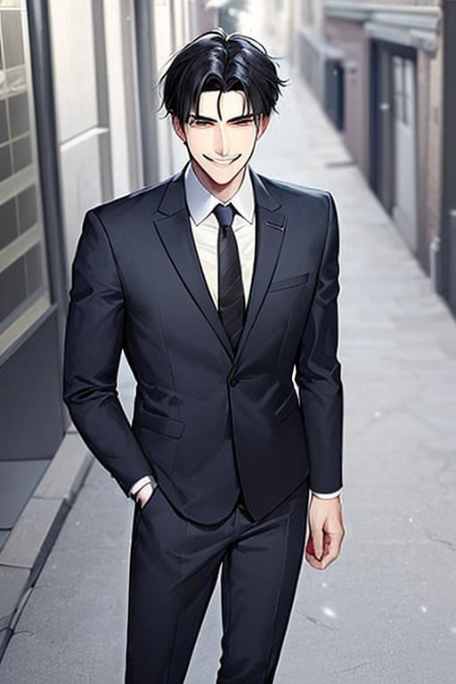 1boy,tall body,school_uniform,tie,black hair,street background,smirk