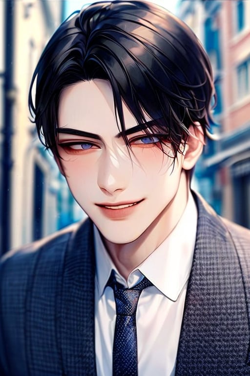 1boy,(masterpiece,detailed face,detailed eyes,detailed retina,best quality),tall body,school_uniform,tie,black hair,street background,smirk