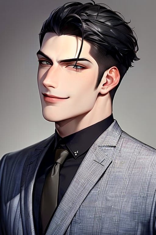 1boy,(masterpiece,detailed face,detailed eyes,detailed retina,best quality),tall body,casualwear,tie,black hair,smirk