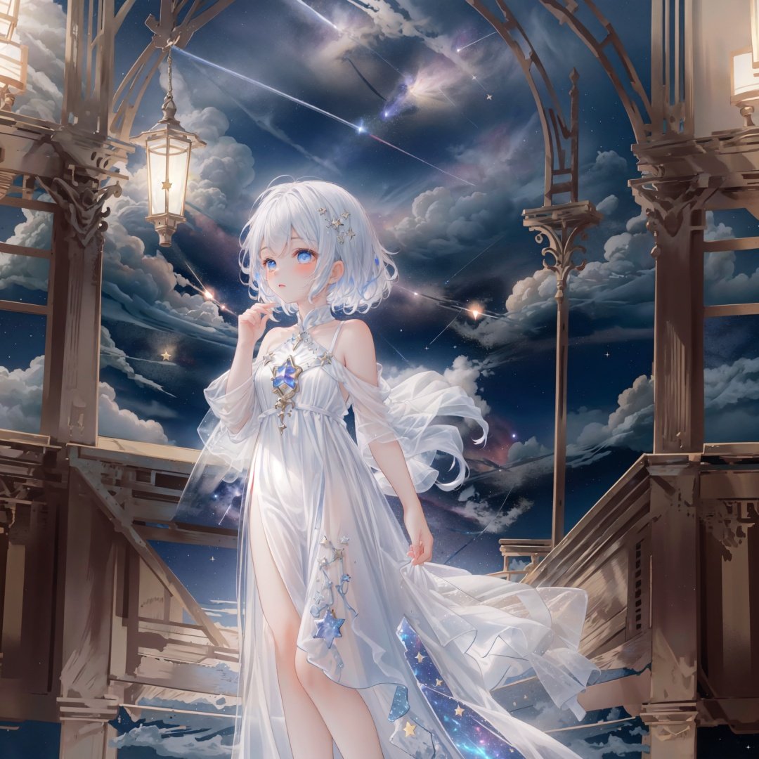 masterpiece, best quality,highres, 1girl, long_white_hair, stars in the eyes, see_through, (((glistening light))), (Luminous), detailed shadow, meteor, stars, galaxy, nebula, stars in white dress, messy floating hair, colored inner hair, Starry sky adorns hair, chiffon, tullece, , fanxing, white theme