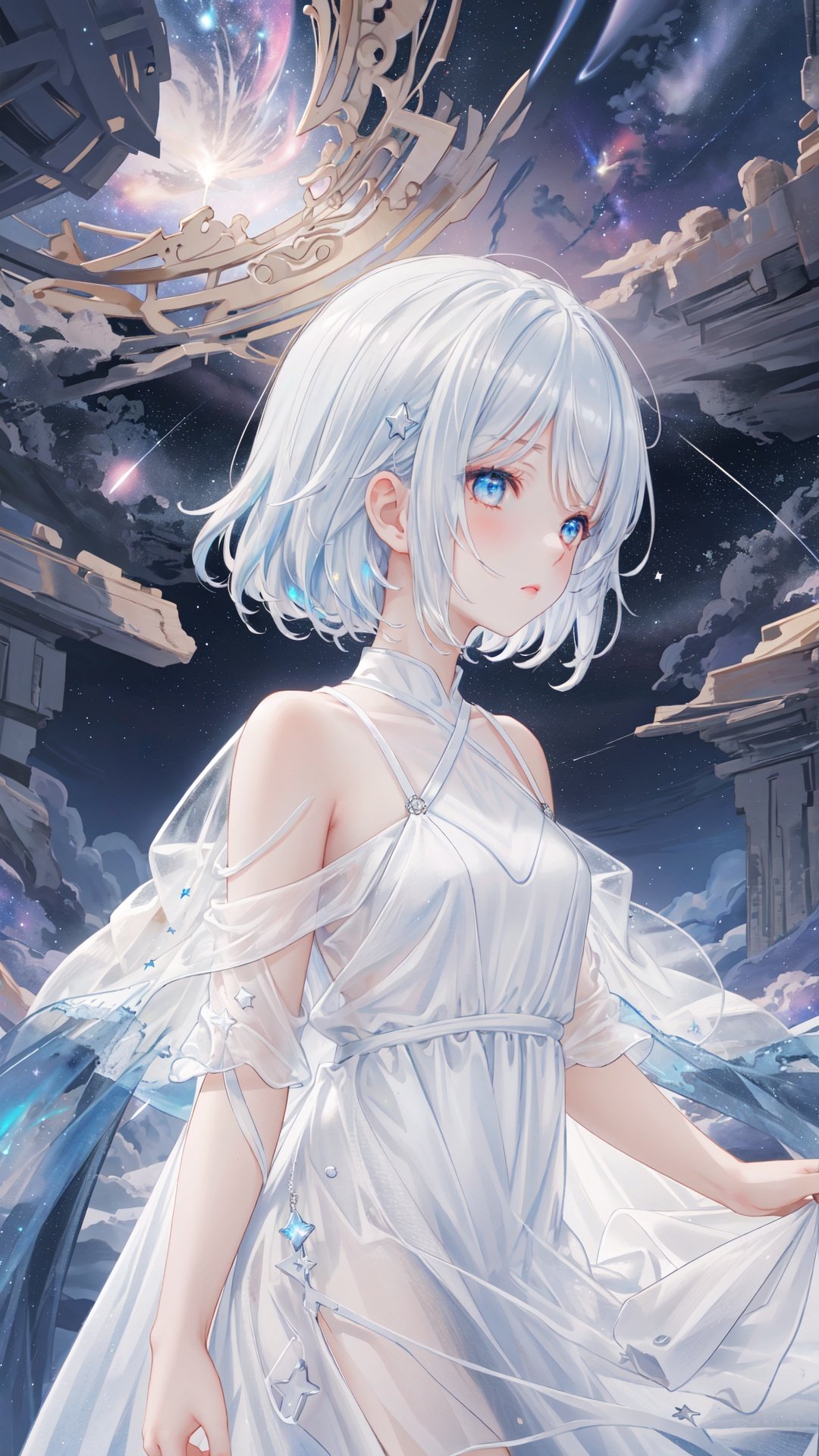 masterpiece, best quality,highres, 1girl, long_white_hair, stars in the eyes, see_through, (((glistening light))), (Luminous), detailed shadow, meteor, stars, galaxy, nebula, stars in white dress, messy floating hair, colored inner hair, Starry sky adorns hair, chiffon, tullece, , fanxing, white theme