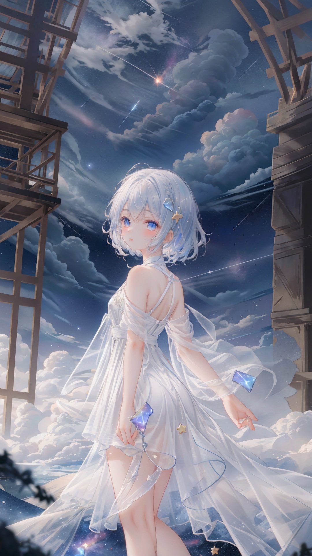 masterpiece, best quality,highres, 1girl, long_white_hair, stars in the eyes, see_through, (((glistening light))), (Luminous), detailed shadow, meteor, stars, galaxy, nebula, stars in white dress, messy floating hair, colored inner hair, Starry sky adorns hair, chiffon, tullece, , fanxing, white theme