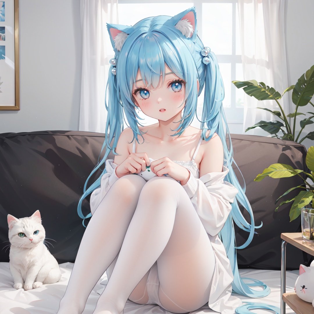 masterpiece,best quality,backlight,Tyndall effect,Crepuscular Rays,blurry,blurry_foreground,depth_of_field,animal_ears,cat_ears,cat_tail,stuffed_cat,cat_girl,tail,long_hair,1girl,blurry_background,((White pantyhose)),White underwear,stuffed_toy,stuffed_animal,blue_eyes,blue_hair,very_long_hair,hair_ornament,long_sleeves,collarbone,parted_lips,solo,bangs,hair_bobbles,blush,knees_up,looking_at_viewer,holding_stuffed_toy,holding,