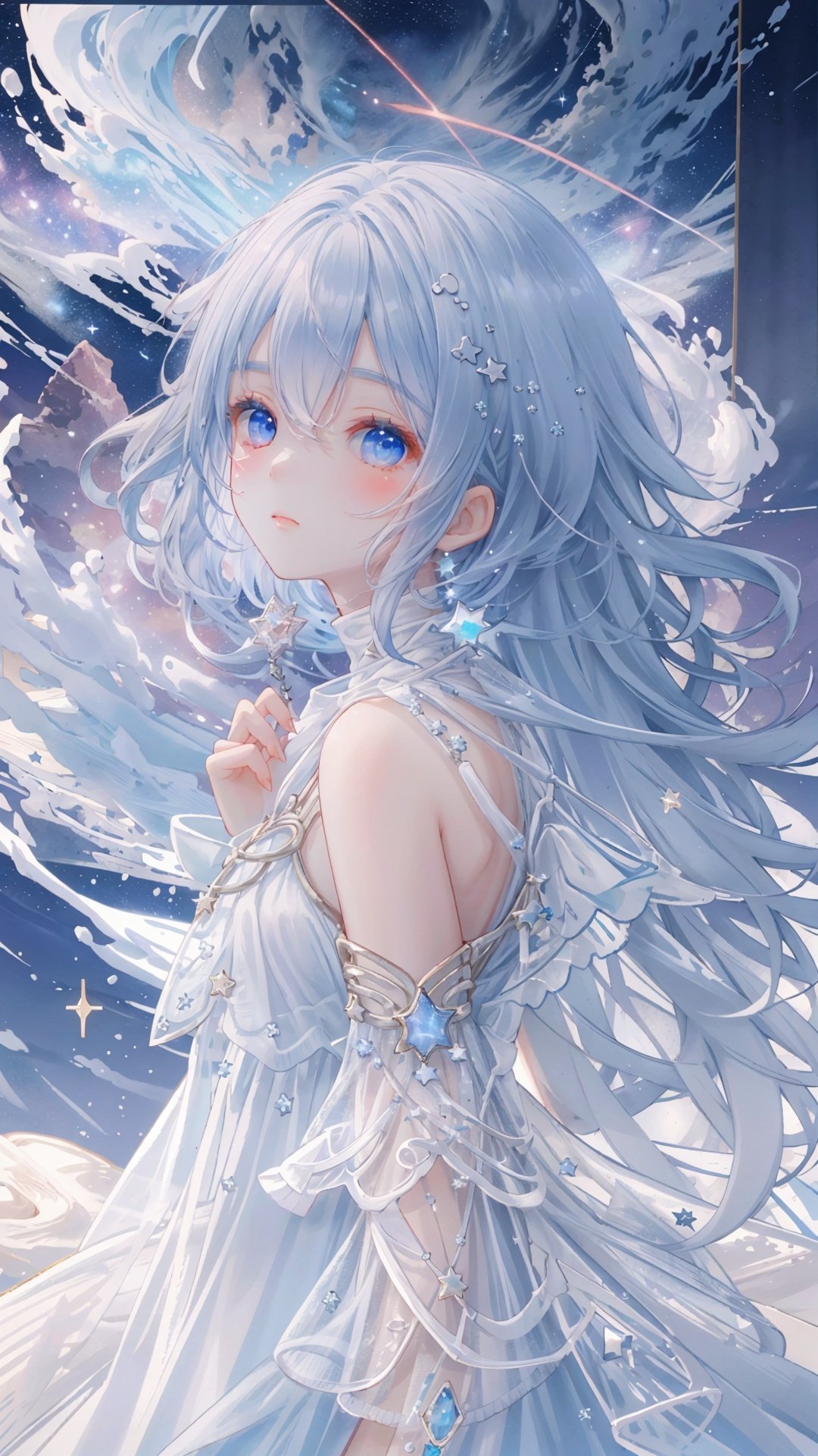 masterpiece, best quality,highres, 1girl, long_white_hair, stars in the eyes, see_through, (((glistening light))), (Luminous), detailed shadow, meteor, stars, galaxy, nebula, stars in white dress, messy floating hair, colored inner hair, Starry sky adorns hair, chiffon, tullece, , fanxing, white theme