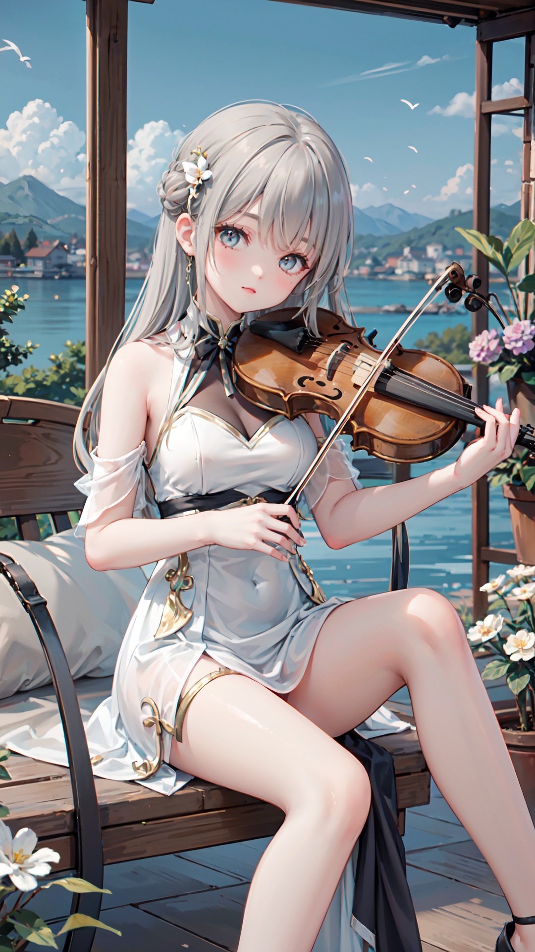 1girl, solo, long hair, violin, instrument, black eyes, dress, white dress, white hair, looking at viewer, light particles, closed mouth, indoors, jewelry, sleeveless, bare shoulders, bangs, head tilt, black rose, beautiful detailed eyes, detailed background, amanhecer, cloud, flower, sky, scenery, day, grass, outdoors, blue_sky, field, cloudy_sky, horizon, hydrangea, water, ocean, mountain, blue_flower, flower_field, bird, The black bow on the head,qingsha,plyaing violin,harp,sole,foot focus,violin