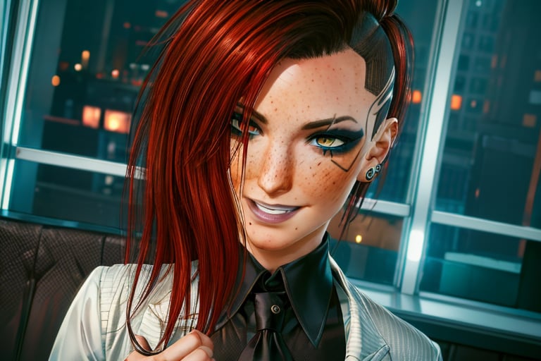 1 girl, red hair, yellow eyes, future, freckles, close up, smile, piercings, black suit, white shirt,and tie, fancy, rich, sexy, future apartment, future window, lighting, wave, hands, fingers,