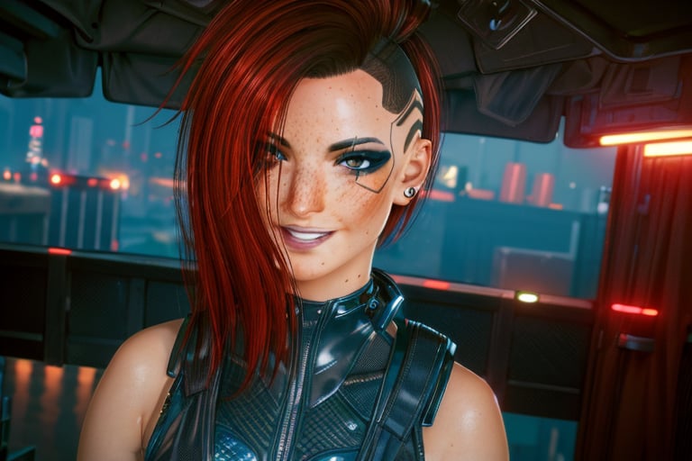 1 girl, red hair, brown eyes, future, freckles, close up, smile, piercings, bra and shorts, fancy, rich, sexy, future apartment, future city, night city, rain, latex suit, harness, ear pierce, peace sign, gloves, arm device, eye piece, cyberware,