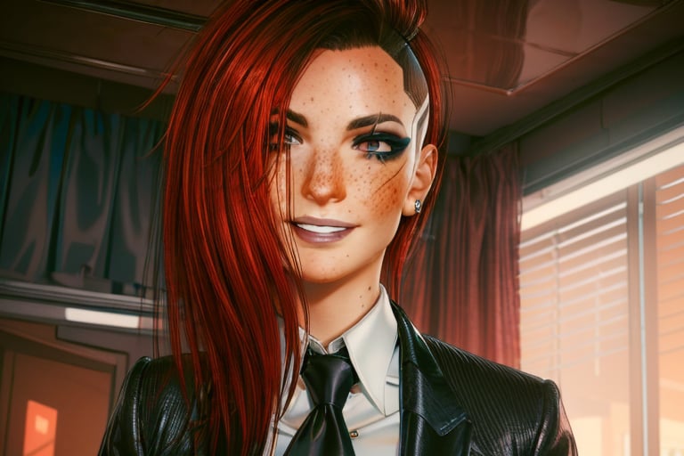 1 girl, red hair, brown eyes, future, freckles, close up, smile, piercings, black suit, white shirt,and tie, fancy, rich, sexy, future apartment, future window, lighting, wave, hands, fingers,