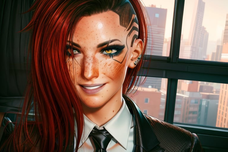 1 girl, red hair, yellow eyes, future, freckles, close up, smile, piercings, black suit, white shirt,and tie, fancy, rich, sexy, future apartment, future window, lighting, wave, hands, fingers,