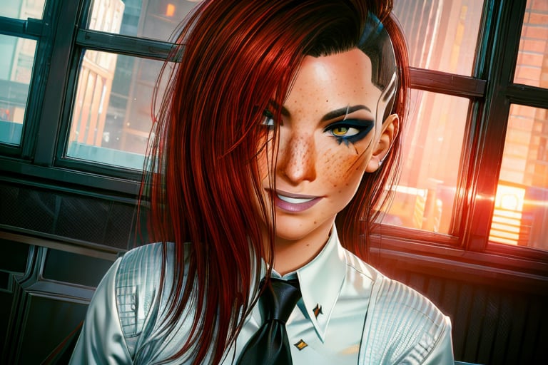 1 girl, red hair, yellow eyes, future, freckles, close up, smile, piercings, black suit, white shirt,and tie, fancy, rich, sexy, future apartment, future window, lighting