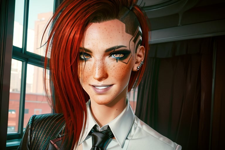 1 girl, red hair, yellow eyes, future, freckles, close up, smile, piercings, black suit, white shirt,and tie, fancy, rich, sexy, future apartment, future window, lighting