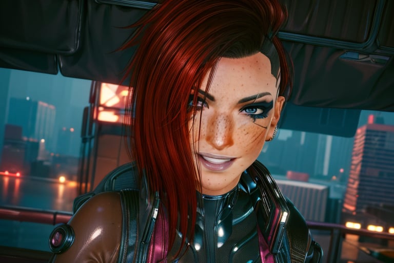 1 girl, red hair, brown eyes, future, freckles, close up, smile, piercings, bra and shorts, fancy, rich, sexy, future apartment, future city, night city, rain, latex suit, harness, ear pierce, peace sign, gloves, arm device, eye piece, cyberware,