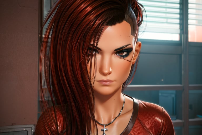 1 girl, dark red hair, brown eyes, close up, badass pose,  t-shirt, bullet neckless, 