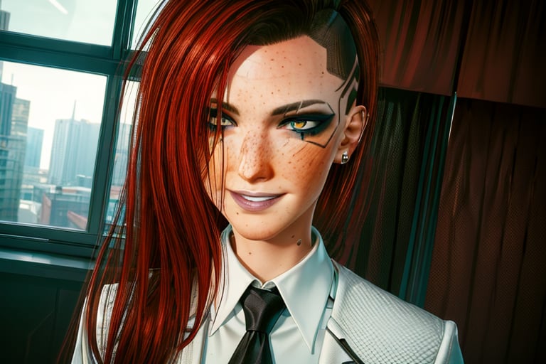 1 girl, red hair, yellow eyes, future, freckles, close up, smile, piercings, black suit, white shirt,and tie, fancy, rich, sexy, future apartment, future window, lighting