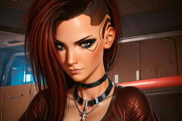 1 girl, dark red hair, brown eyes, close up, badass pose,  t-shirt, bullet neckless, 