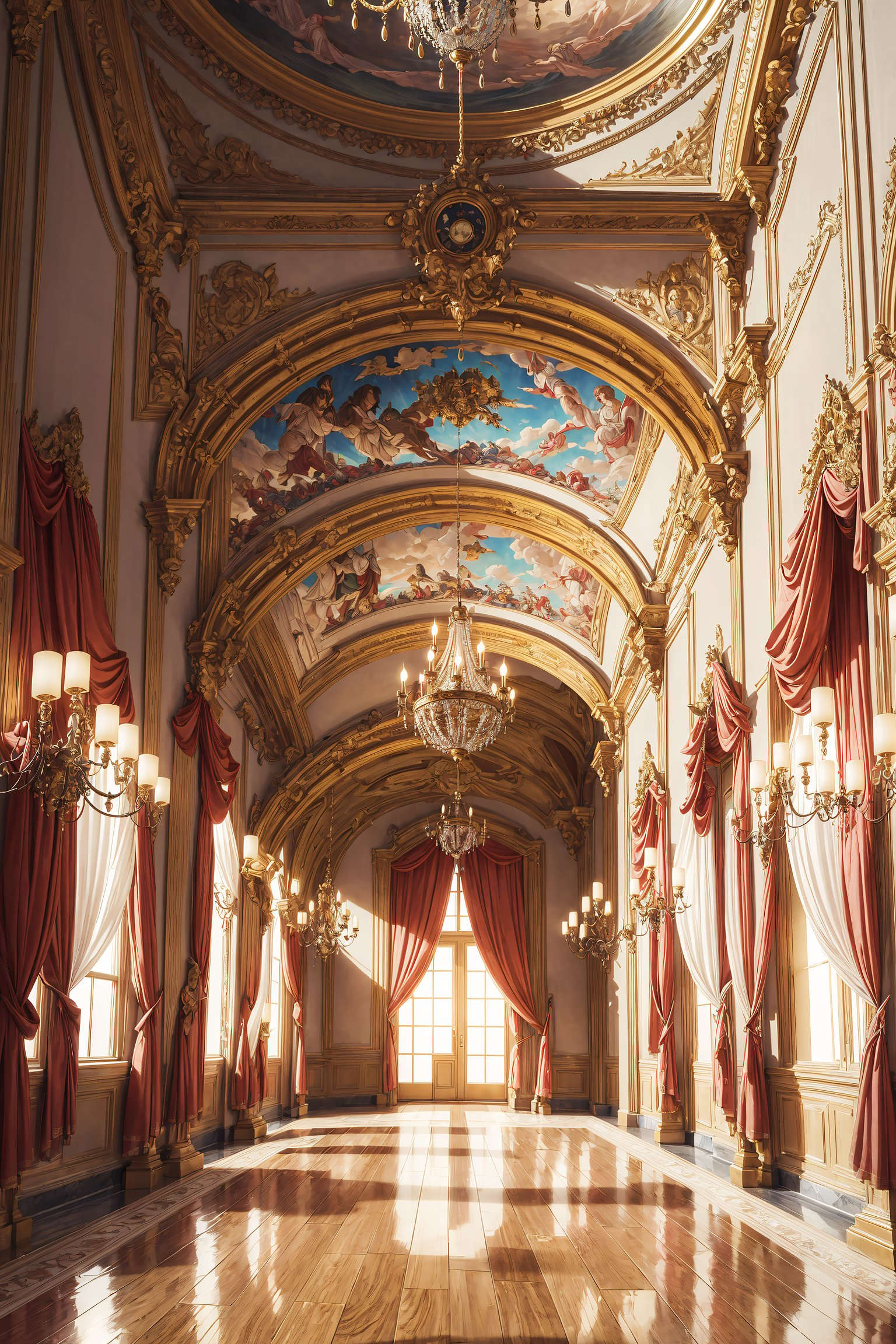 (masterpiece,  best quality:1.4),  extremely detailed,  8k,  uhd,  ultra highres,  photorealistic,  Interior of a large royal palace,  huge big hall,  no people,  beautiful surreal interior lighting,  intricate decorations,  beautiful white curtains,  large chandelier lights hanging from the ceiling,  extremely luxurious,  warm colors,  hyper-detailed,  raytracing, <lora:add_detail:0.500000>