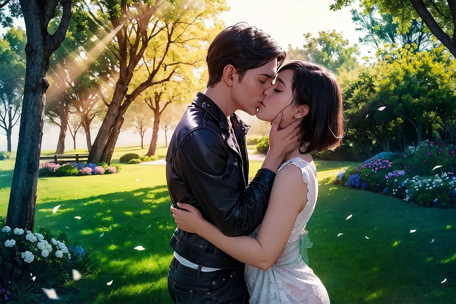 masterpiece, best quality, (extremely detailed, 8k, ultra highres), cinematic shot, beautiful lighting, movie still, vibrant, cinematic color filter, aesthetically pleasing, extremely beautiful and delicate, (cowboy shot, medium shot), 1man, 1woman, passionate hot kiss, two lovers kissing each other intimately, in a beautiful lush garden with dew-kissed petals, detailed garden and detailed background, lake at background, intricate details, depth of field, daytime, (hyper-detailed), beautiful sunrays, volumetric fx, spring time weather, blissful, heart-touching, soulful, romantic vibes, <lora:kisslora:0.800000>