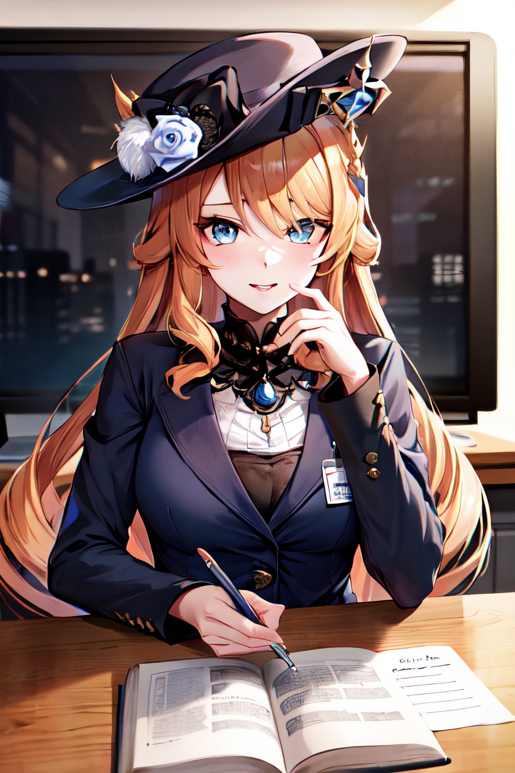 masterpiece, best quality, navia, blue eyes, office lady, black headwear