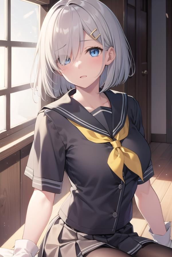 hamakaze, <lora:hamakaze-lora-nochekaiser:1>, hamakaze, blue eyes, grey hair, hair ornament, hair over one eye, hairclip, short hair, short hair,BREAK black pantyhose, buttons, gloves, grey sailor collar, grey skirt, hairclip, neckerchief, pantyhose, pleated skirt, sailor collar, school uniform, serafuku, skirt, white gloves, yellow neckerchief,BREAK looking at viewer,BREAK indoors, classroom,BREAK <lyco:GoodHands-beta2:1>, (masterpiece:1.2), best quality, high resolution, unity 8k wallpaper, (illustration:0.8), (beautiful detailed eyes:1.6), extremely detailed face, perfect lighting, extremely detailed CG, (perfect hands, perfect anatomy),