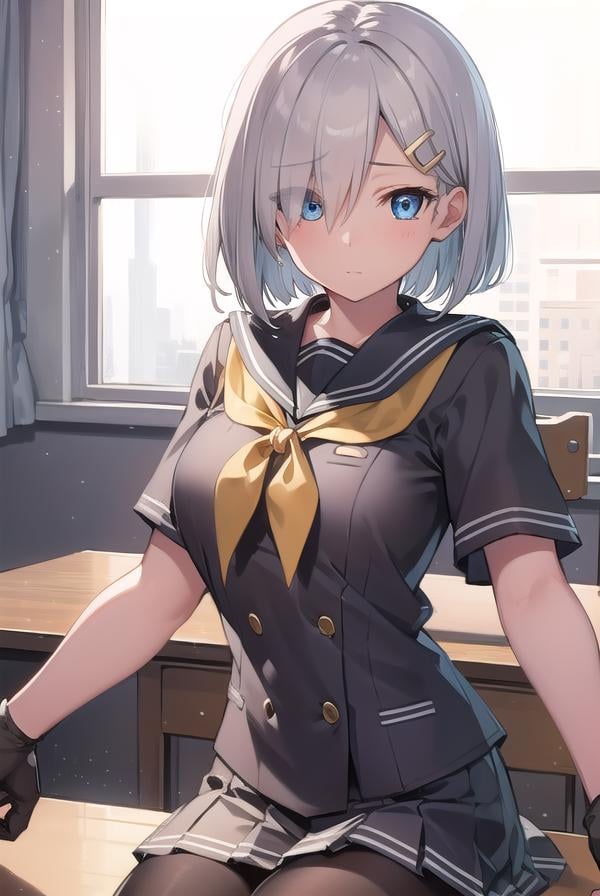 hamakaze, <lora:hamakaze-lora-nochekaiser:1>, hamakaze, blue eyes, grey hair, hair ornament, hair over one eye, hairclip, short hair, short hair,BREAK black pantyhose, buttons, gloves, grey sailor collar, grey skirt, hairclip, neckerchief, pantyhose, pleated skirt, sailor collar, school uniform, serafuku, skirt, white gloves, yellow neckerchief,BREAK looking at viewer,BREAK indoors, classroom,BREAK <lyco:GoodHands-beta2:1>, (masterpiece:1.2), best quality, high resolution, unity 8k wallpaper, (illustration:0.8), (beautiful detailed eyes:1.6), extremely detailed face, perfect lighting, extremely detailed CG, (perfect hands, perfect anatomy),