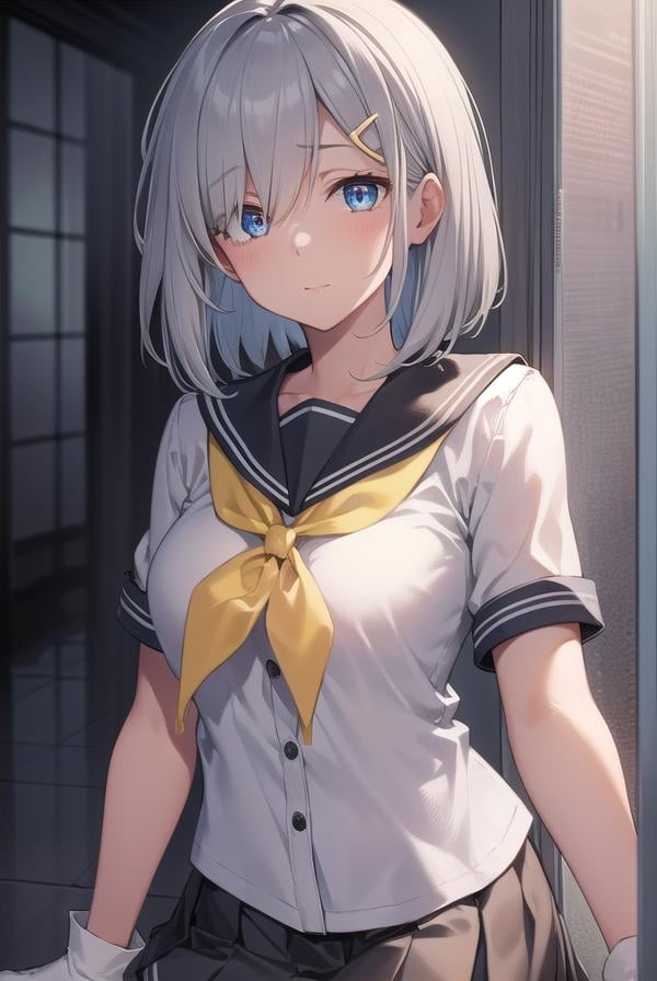 hamakaze, <lora:hamakaze-lora-nochekaiser:1>, hamakaze, blue eyes, grey hair, hair ornament, hair over one eye, hairclip, short hair, short hair,BREAK black pantyhose, buttons, gloves, grey sailor collar, grey skirt, hairclip, neckerchief, pantyhose, pleated skirt, sailor collar, school uniform, serafuku, skirt, white gloves, yellow neckerchief,BREAK looking at viewer,BREAK indoors, classroom,BREAK <lyco:GoodHands-beta2:1>, (masterpiece:1.2), best quality, high resolution, unity 8k wallpaper, (illustration:0.8), (beautiful detailed eyes:1.6), extremely detailed face, perfect lighting, extremely detailed CG, (perfect hands, perfect anatomy),