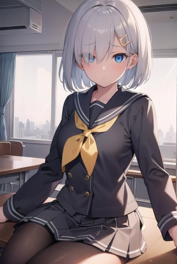 hamakaze, <lora:hamakaze-lora-nochekaiser:1>, hamakaze, blue eyes, grey hair, hair ornament, hair over one eye, hairclip, short hair, short hair,BREAK black pantyhose, buttons, gloves, grey sailor collar, grey skirt, hairclip, neckerchief, pantyhose, pleated skirt, sailor collar, school uniform, serafuku, skirt, white gloves, yellow neckerchief,BREAK looking at viewer,BREAK indoors, classroom,BREAK <lyco:GoodHands-beta2:1>, (masterpiece:1.2), best quality, high resolution, unity 8k wallpaper, (illustration:0.8), (beautiful detailed eyes:1.6), extremely detailed face, perfect lighting, extremely detailed CG, (perfect hands, perfect anatomy),