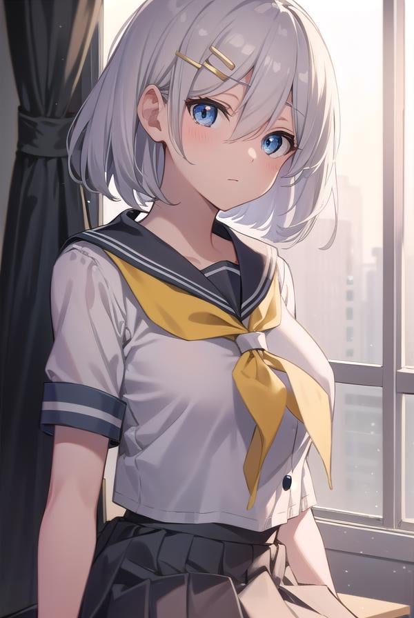 hamakaze, <lora:hamakaze-lora-nochekaiser:1>, hamakaze, blue eyes, grey hair, hair ornament, hair over one eye, hairclip, short hair, short hair,BREAK black pantyhose, buttons, gloves, grey sailor collar, grey skirt, hairclip, neckerchief, pantyhose, pleated skirt, sailor collar, school uniform, serafuku, skirt, white gloves, yellow neckerchief,BREAK looking at viewer,BREAK indoors, classroom,BREAK <lyco:GoodHands-beta2:1>, (masterpiece:1.2), best quality, high resolution, unity 8k wallpaper, (illustration:0.8), (beautiful detailed eyes:1.6), extremely detailed face, perfect lighting, extremely detailed CG, (perfect hands, perfect anatomy),