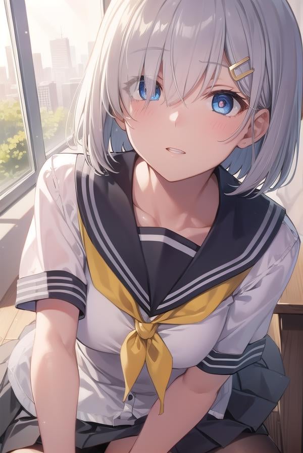 hamakaze, <lora:hamakaze-lora-nochekaiser:1>, hamakaze, blue eyes, grey hair, hair ornament, hair over one eye, hairclip, short hair, short hair,BREAK black pantyhose, buttons, gloves, grey sailor collar, grey skirt, hairclip, neckerchief, pantyhose, pleated skirt, sailor collar, school uniform, serafuku, skirt, white gloves, yellow neckerchief,BREAK looking at viewer,BREAK indoors, classroom,BREAK <lyco:GoodHands-beta2:1>, (masterpiece:1.2), best quality, high resolution, unity 8k wallpaper, (illustration:0.8), (beautiful detailed eyes:1.6), extremely detailed face, perfect lighting, extremely detailed CG, (perfect hands, perfect anatomy),