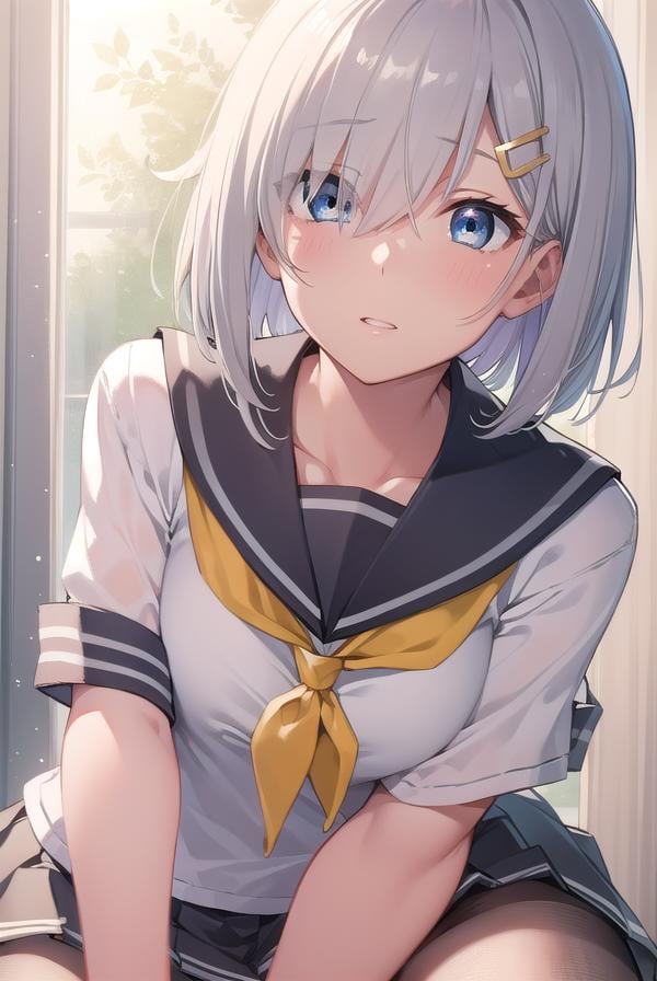 hamakaze, <lora:hamakaze-lora-nochekaiser:1>, hamakaze, blue eyes, grey hair, hair ornament, hair over one eye, hairclip, short hair, short hair,BREAK black pantyhose, buttons, gloves, grey sailor collar, grey skirt, hairclip, neckerchief, pantyhose, pleated skirt, sailor collar, school uniform, serafuku, skirt, white gloves, yellow neckerchief,BREAK looking at viewer,BREAK indoors, classroom,BREAK <lyco:GoodHands-beta2:1>, (masterpiece:1.2), best quality, high resolution, unity 8k wallpaper, (illustration:0.8), (beautiful detailed eyes:1.6), extremely detailed face, perfect lighting, extremely detailed CG, (perfect hands, perfect anatomy),