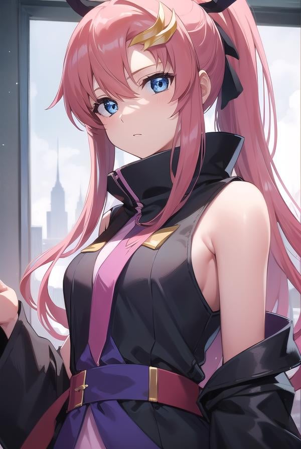 lacusclyne, <lora:lacusclyne:1>,lacus clyne, blue eyes, hair ornament, long hair, wave hair ornament, pink hair, ponytail, hair ribbon, hair clip,BREAK ankle boots, black robe, boots, coat, long sleeves, red ribbon, ribbon, robe, sidelocks, sleeveless coat, white coat, white footwear,BREAK outdoors, city,BREAK looking at viewer, BREAK <lora:GoodHands-vanilla:1>, (masterpiece:1.2), best quality, high resolution, unity 8k wallpaper, (illustration:0.8), (beautiful detailed eyes:1.6), extremely detailed face, perfect lighting, extremely detailed CG, (perfect hands, perfect anatomy),