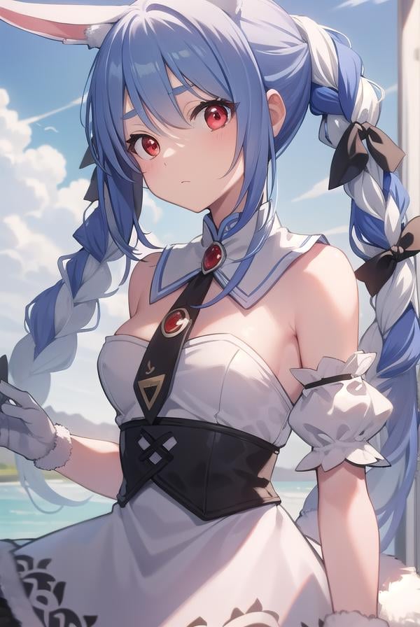 pekorausada, <lora:pekorausada-lora-nochekaiser:1>, pekora usada, animal ears, blue hair, braid, carrot hair ornament, food-themed hair ornament, hair ornament, multicolored hair, (red eyes:1.5), rabbit ears, twin braids, twintails, two-tone hair,BREAK strapless, strapless dress, (white dress:1.5), black gloves, black pantyhose, bow, bridal garter, detached sleeves, dress, fur scarf, fur trim, fur-trimmed dress, fur-trimmed gloves, gloves, pantyhose, puffy detached sleeves, puffy sleeves, red bow,BREAK looking at viewer,BREAK outdoors, BREAK <lyco:GoodHands-beta2:1>, (masterpiece:1.2), best quality, high resolution, unity 8k wallpaper, (illustration:0.8), (beautiful detailed eyes:1.6), extremely detailed face, perfect lighting, extremely detailed CG, (perfect hands, perfect anatomy),