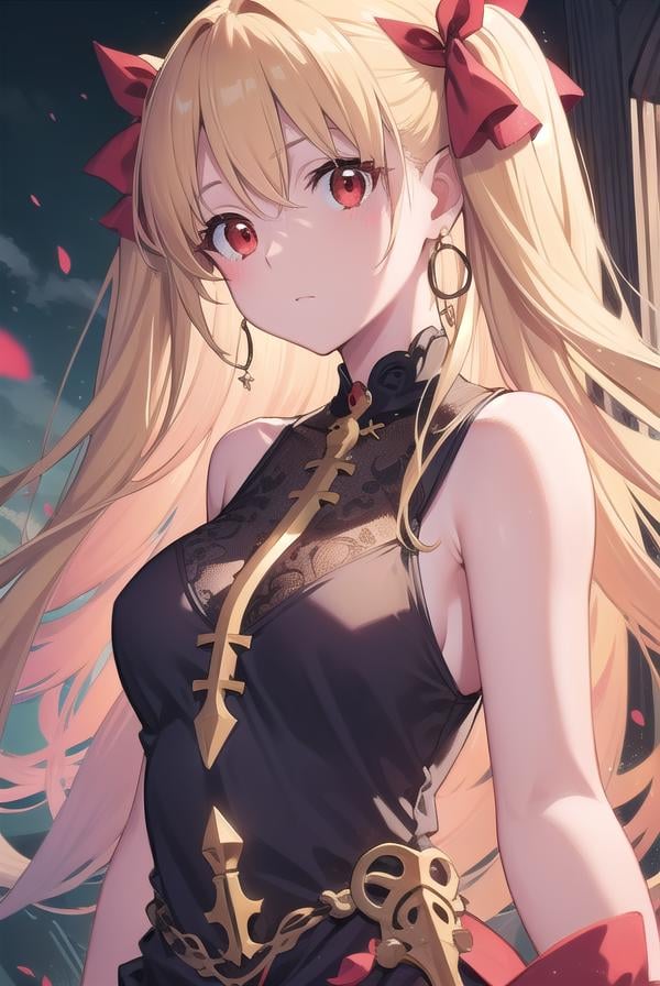 ereshkigal, <lora:ereshkigaltest:1>, ereshkigal, blonde hair, earrings, hair bow, hoop earrings, jewelry, long hair, parted bangs, (red eyes:1.5), two side up,BREAK cross, cross necklace, dress, necklace, pink bow, red dress, sleeveless, sleeveless dress,BREAK outdoors, city,BREAK looking at viewer, BREAK <lora:GoodHands-vanilla:1>, (masterpiece:1.2), best quality, high resolution, unity 8k wallpaper, (illustration:0.8), (beautiful detailed eyes:1.6), extremely detailed face, perfect lighting, extremely detailed CG, (perfect hands, perfect anatomy),