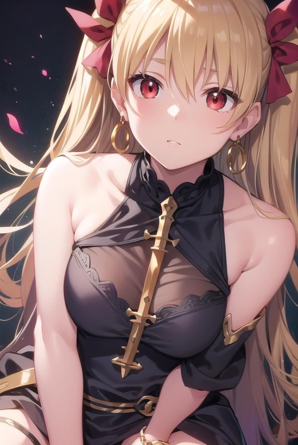 ereshkigal, <lora:ereshkigaltest:1>, ereshkigal, blonde hair, earrings, hair bow, hoop earrings, jewelry, long hair, parted bangs, (red eyes:1.5), two side up, BREAK anklet, asymmetrical legwear, asymmetrical sleeves, black legwear, black leotard, black nails, bow, crown, gold, gold trim, leotard, nail polish, purple bow, single sleeve, single thighhigh, skull, spine, thighhighs, uneven legwear, uneven sleeves, yellow footwear, BREAK outdoors, city, BREAK looking at viewer, BREAK <lora:GoodHands-vanilla:1>, (masterpiece:1.2), best quality, high resolution, unity 8k wallpaper, (illustration:0.8), (beautiful detailed eyes:1.6), extremely detailed face, perfect lighting, extremely detailed CG, (perfect hands, perfect anatomy),