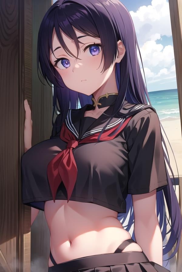 fgoraikou, <lora:raikoutest:1>, raikou, long hair, parted bangs, (purple eyes:1.1), purple hair, (large breast:1.2)BREAKblack sailor collar, black serafuku, black shirt, black skirt, crop top, crop top overhang, long skirt, navel, neckerchief, rope, sailor collar, school uniform, serafuku, shirt, short sleeves, skirt, thighs, underboob,BREAK outdoors, beach,BREAK looking at viewer, BREAK <lora:GoodHands-vanilla:1>, (masterpiece:1.2), best quality, high resolution, unity 8k wallpaper, (illustration:0.8), (beautiful detailed eyes:1.6), extremely detailed face, perfect lighting, extremely detailed CG, (perfect hands, perfect anatomy),