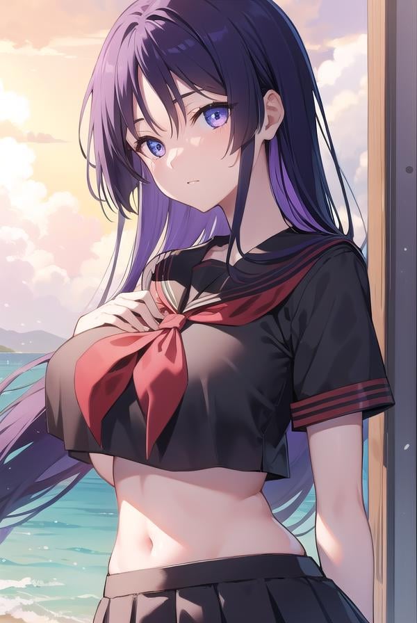 fgoraikou, <lora:raikoutest:1>, raikou, long hair, parted bangs, (purple eyes:1.1), purple hair, (large breast:1.2)BREAKblack sailor collar, black serafuku, black shirt, black skirt, crop top, crop top overhang, long skirt, navel, neckerchief, rope, sailor collar, school uniform, serafuku, shirt, short sleeves, skirt, thighs, underboob,BREAK outdoors, beach,BREAK looking at viewer, BREAK <lora:GoodHands-vanilla:1>, (masterpiece:1.2), best quality, high resolution, unity 8k wallpaper, (illustration:0.8), (beautiful detailed eyes:1.6), extremely detailed face, perfect lighting, extremely detailed CG, (perfect hands, perfect anatomy),