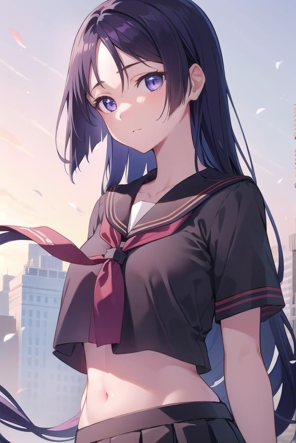 fgoraikou, <lora:raikoutest:1>, raikou, long hair, parted bangs, (purple eyes:1.1), purple hair,BREAK black sailor collar, black serafuku, black shirt, black skirt, crop top, crop top overhang, long skirt, navel, neckerchief, rope, sailor collar, school uniform, serafuku, shirt, short sleeves, skirt, thighs, underboob,BREAK outdoors, city,BREAK looking at viewer, BREAK <lora:GoodHands-vanilla:1>, (masterpiece:1.2), best quality, high resolution, unity 8k wallpaper, (illustration:0.8), (beautiful detailed eyes:1.6), extremely detailed face, perfect lighting, extremely detailed CG, (perfect hands, perfect anatomy),