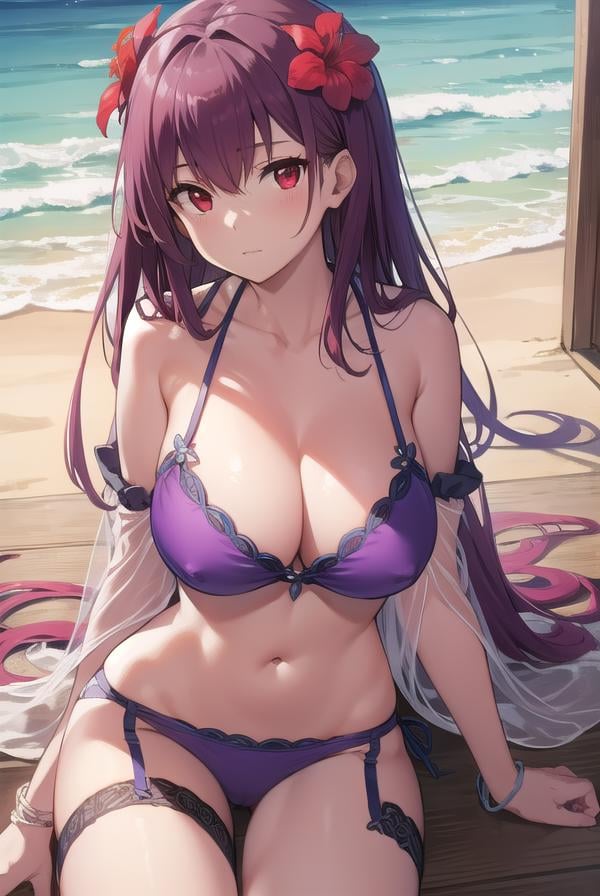 scathach, <lora:scathachtest:1>, scathach, long hair, purple hair, (red eyes:1.5),BREAK bare shoulders, bikini, bracelet, bridal garter, cleavage, collarbone, flower, hair flower, hair ornament, hibiscus, jewelry, navel, purple bikini, sarong, swimsuit, thighs,BREAK outdoors, beach,BREAK looking at viewer, BREAK <lora:GoodHands-vanilla:1>, (masterpiece:1.2), best quality, high resolution, unity 8k wallpaper, (illustration:0.8), (beautiful detailed eyes:1.6), extremely detailed face, perfect lighting, extremely detailed CG, (perfect hands, perfect anatomy),