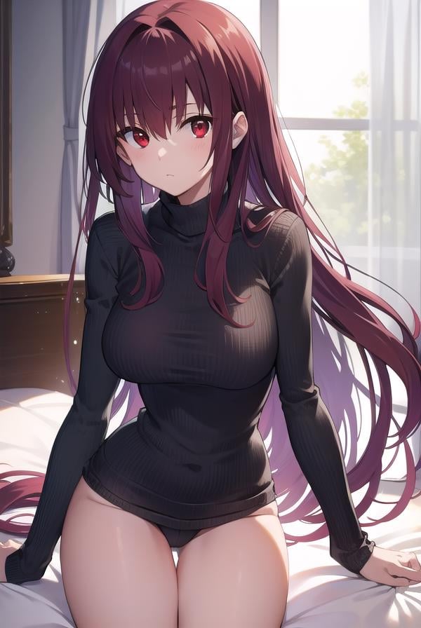 scathach, <lora:scathachtest:1>, scathach, long hair, purple hair, (red eyes:1.5),BREAK long sleeves, ribbed sweater, sweater, turtleneck, turtleneck sweater, (white sweater:1.2),BREAK indoors, bed,BREAK looking at viewer, BREAK <lora:GoodHands-vanilla:1>, (masterpiece:1.2), best quality, high resolution, unity 8k wallpaper, (illustration:0.8), (beautiful detailed eyes:1.6), extremely detailed face, perfect lighting, extremely detailed CG, (perfect hands, perfect anatomy),