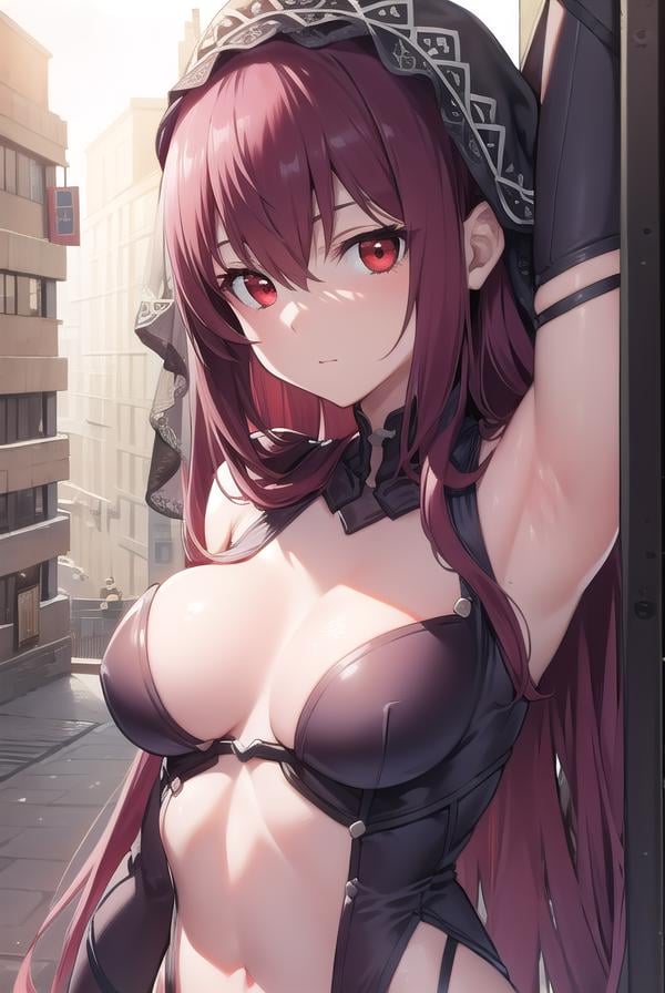 scathach, <lora:scathachtest:1>, scathach, long hair, purple hair, (red eyes:1.5),BREAK armor, bodysuit, covered navel, pauldrons, shoulder armor, veil,,BREAK outdoors, city,BREAK looking at viewer, BREAK <lora:GoodHands-vanilla:1>, (masterpiece:1.2), best quality, high resolution, unity 8k wallpaper, (illustration:0.8), (beautiful detailed eyes:1.6), extremely detailed face, perfect lighting, extremely detailed CG, (perfect hands, perfect anatomy),