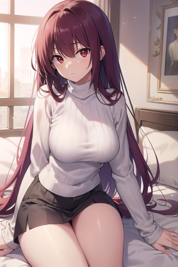 scathach, <lora:scathachtest:1>, scathach, long hair, purple hair, (red eyes:1.5),BREAK long sleeves, ribbed sweater, sweater, turtleneck, turtleneck sweater, (white sweater:1.5),BREAK indoors bed,BREAK looking at viewer, BREAK <lora:GoodHands-vanilla:1>, (masterpiece:1.2), best quality, high resolution, unity 8k wallpaper, (illustration:0.8), (beautiful detailed eyes:1.6), extremely detailed face, perfect lighting, extremely detailed CG, (perfect hands, perfect anatomy),