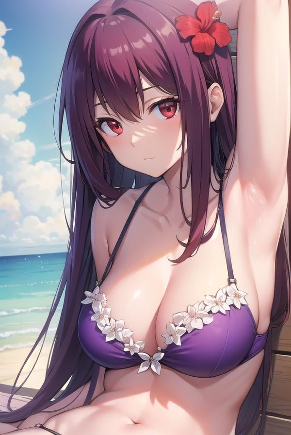 scathach, <lora:scathachtest:1>, scathach, long hair, purple hair, (red eyes:1.5),BREAK bare shoulders, bikini, bracelet, bridal garter, cleavage, collarbone, flower, hair flower, hair ornament, hibiscus, jewelry, navel, purple bikini, sarong, swimsuit, thighs,BREAK outdoors, beach,BREAK looking at viewer, BREAK <lora:GoodHands-vanilla:1>, (masterpiece:1.2), best quality, high resolution, unity 8k wallpaper, (illustration:0.8), (beautiful detailed eyes:1.6), extremely detailed face, perfect lighting, extremely detailed CG, (perfect hands, perfect anatomy),